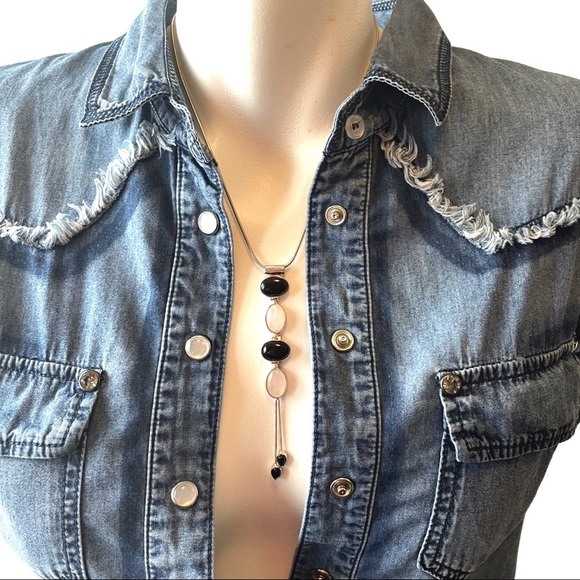 Sterling Onyx & Quartz Lariat Necklace 18"Necklace - Picture 2 of 15